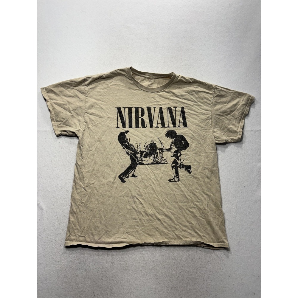 Nirvana Shirt Mens Medium Beige Band Graphic Tee Rock Music Grunge Concert